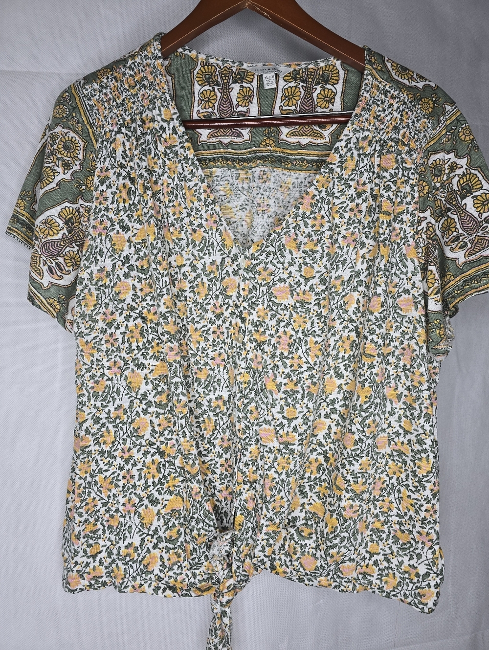 Lucky Brand Top Green Floral Tie Front V-neck Short Sleeve Cotton Modal XL